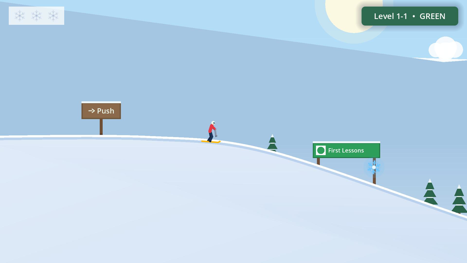 Flip Zone gameplay: the skier pushes off past a wooden trail sign.